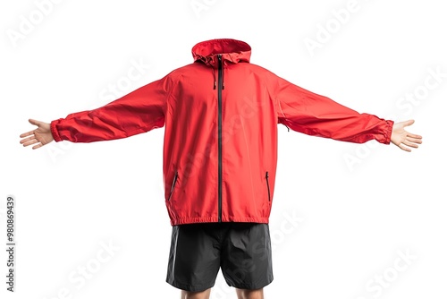 Red hooded jacket and dark blue sports shorts isolated on white background. fashionable casual wear photo