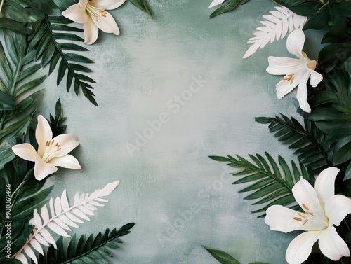 Richly layered background with overlapping ferns and lilies, botanical textures in a soft, diffused light