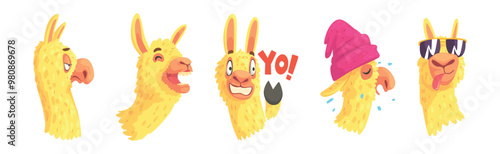 Cute Llama Character Head Emotion and Pose Vector Set