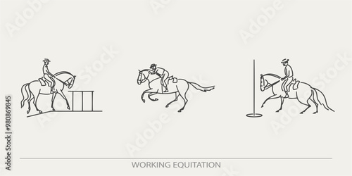 Illustration of working equitation, depicting horse and rider performing different training tasks in a minimalistic line art style