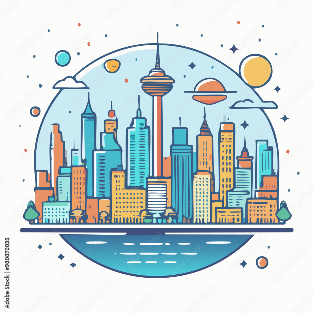 Naklejka premium Cityscape with sci-fi elements in a vintage poster style, bold and flat, minimal lines vector art logo design