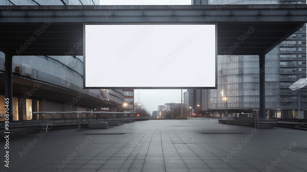 White blank billboard advertisement mock up. Empty road and bridge. Copy space. Marketing banner on modern building. Cityscape template. Advertising promotion. Generated by Ai technology White blank billboard advertisement mock up. Empty road and bridge. Copy space. Marketing banner on modern building. Cityscape template. Advertising promotion. Generated by Ai technology