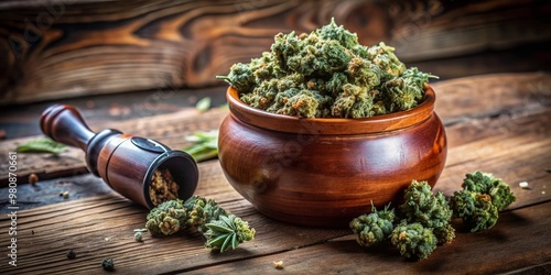 A ceramic pot overflows with lush green marijuana buds on a rustic wooden table, accompanied by a nearby pipe, evoking a serene and earthy ambiance. photo