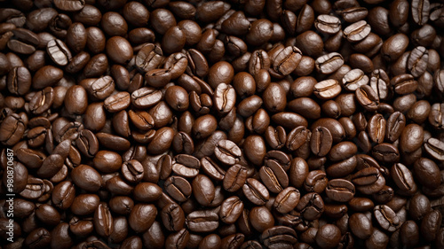 Close-up image of roasted coffee beans showcasing their rich, dark brown color and glossy texture.