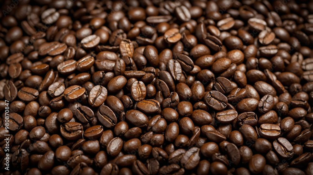 Close-up image of roasted coffee beans showcasing their rich, dark brown color and glossy texture. Close-up image of roasted coffee beans showcasing their rich, dark brown color and glossy texture.