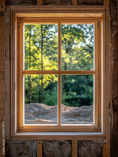 A wooden window frame overlooking a forest in an unfinished house.