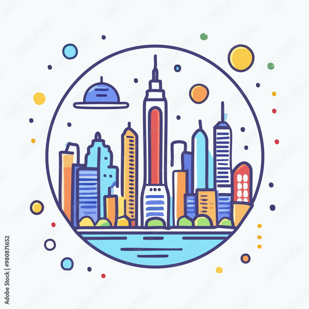 Obraz premium Cityscape with sci-fi elements in a vintage poster style, bold and flat, minimal lines vector art logo design