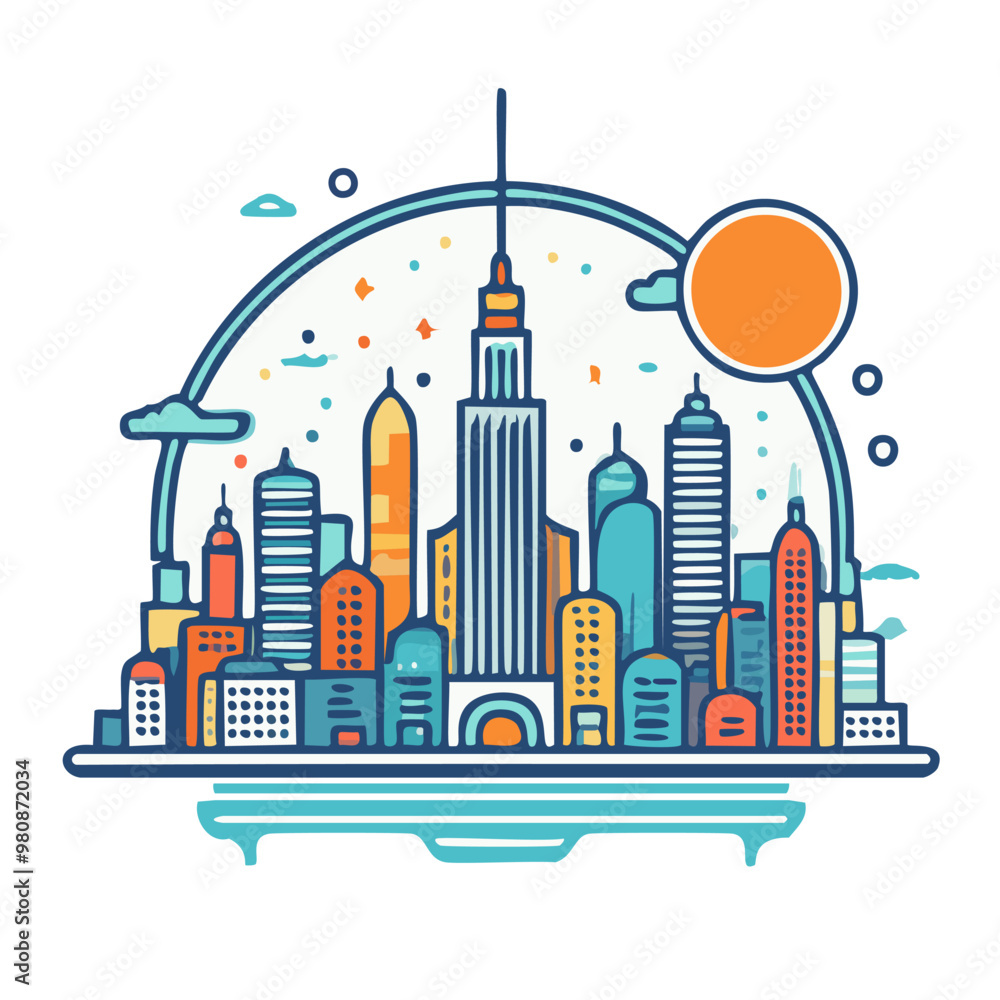 Obraz premium Cityscape with sci-fi elements in a vintage poster style, bold and flat, minimal lines vector art logo design