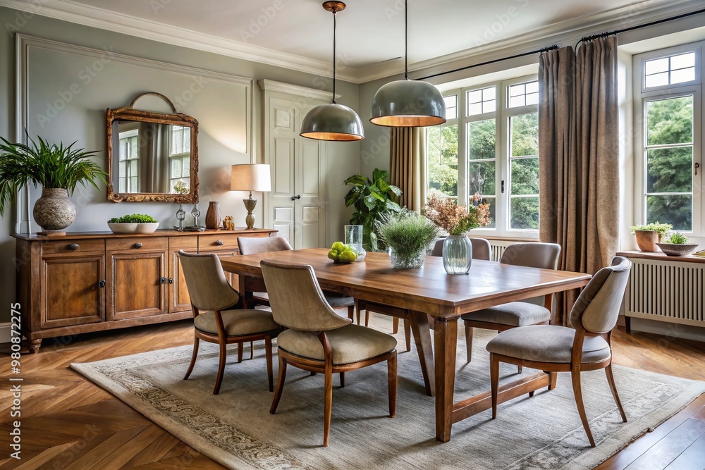 Obraz premium Elegant dining room with mixed-and-matched furniture pieces in neutral tones, combining modern chairs with vintage