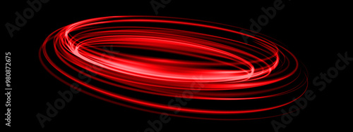 Abstract red speed light lines neon ring glowing circle round movement on black background vector