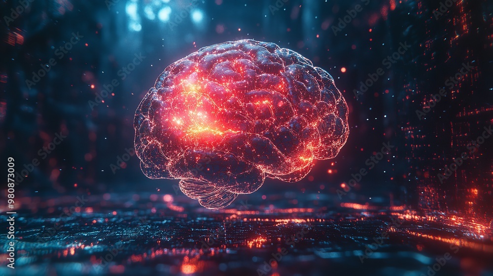A glowing brain with intricate neural connections, set against a vibrant background of abstract lights. A glowing brain with intricate neural connections, set against a vibrant background of abstract lights.