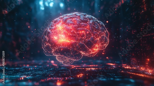 A glowing brain with intricate neural connections, set against a vibrant background of abstract lights.