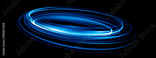 Abstract blue speed light lines neon ring glowing circle round movement on black background vector