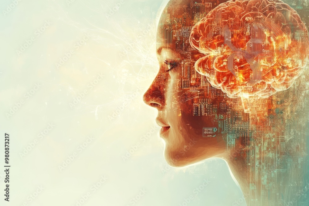 Woman with an orange glowing brain partially exposed symbolizing cognitive augmentation artificial intelligence and the neural pathways driving human and machine interactions Woman with an orange glowing brain partially exposed symbolizing cognitive augmentation artificial intelligence and the neural pathways driving human and machine interactions