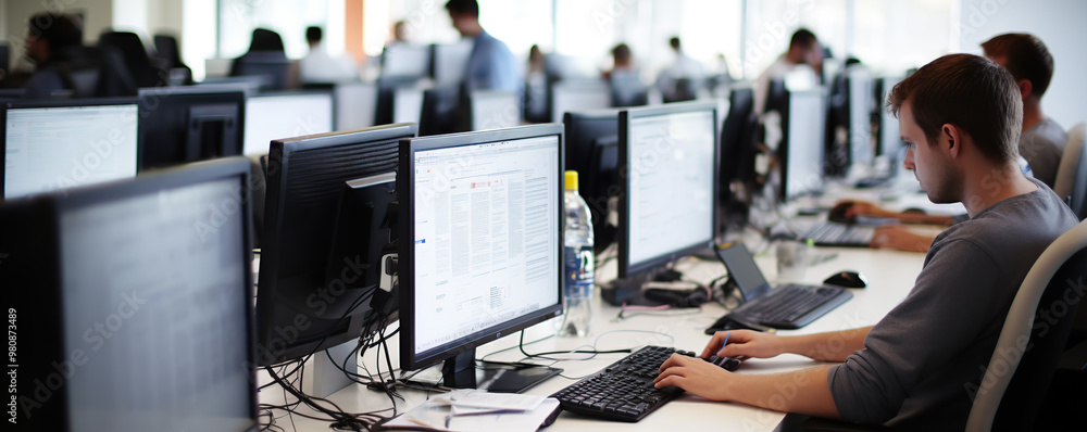 Employees working at desks in a modern office with multiple computer screens during a busy weekday afternoon Employees working at desks in a modern office with multiple computer screens during a busy weekday afternoon
