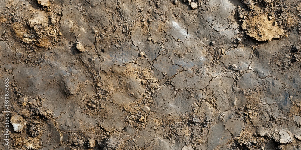 Fototapeta premium Dry, cracked soil surface with scattered stones and earthy textures.