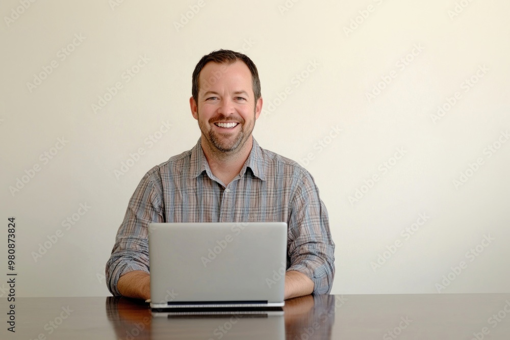 Smiling man with laptop electronics workspace computer. Smiling man with laptop electronics workspace computer.