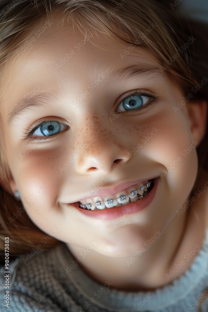 Young girl with braces and blue eyes smiles widely. Close-up. Teeth straightening Young girl with braces and blue eyes smiles widely. Close-up. Teeth straightening