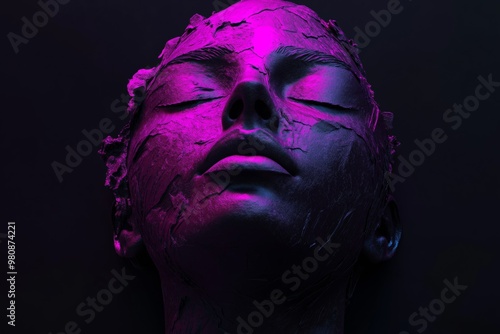 A woman's face is painted with purple and blue glitter. The face is very detailed and has a lot of texture. Scene is one of creativity and artistic expression