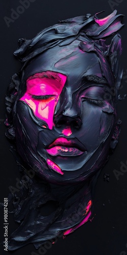 A woman's face is painted with black and pink paint. The face is distorted and has a strange, almost surreal appearance