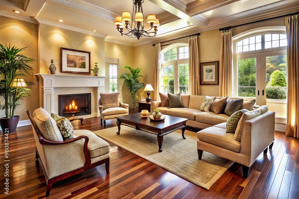 Fototapeta premium Elegant living room with cream-colored walls, rich wood floors, and tasteful decor, inspiring homeowners to create