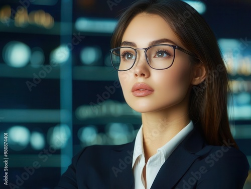 Confident businesswoman in glasses with a thoughtful expression, symbolizing professionalism and innovation in the corporate world.