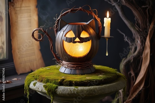 <updated_prompt> A whimsical, mystical Dark Jack o' Cat Lantern sits atop a moss-covered, ancient stone pedestal, its intricately carved wooden body adorned with curved, twisted branches and vines tha photo