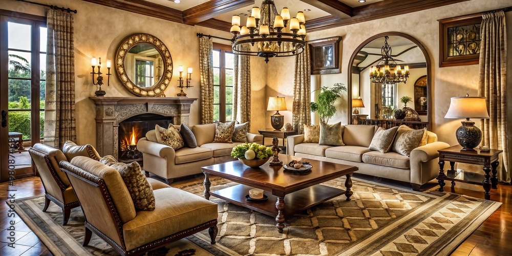 Elegant living room with lavish furnishings, ornate mirrors, and rustic accents, featuring a Spanish-inspired Elegant living room with lavish furnishings, ornate mirrors, and rustic accents, featuring a Spanish-inspired