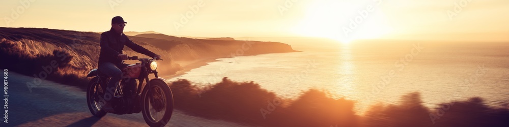 Fototapeta premium A man is riding a motorcycle on a road near the ocean. The sun is setting, creating a beautiful and serene atmosphere