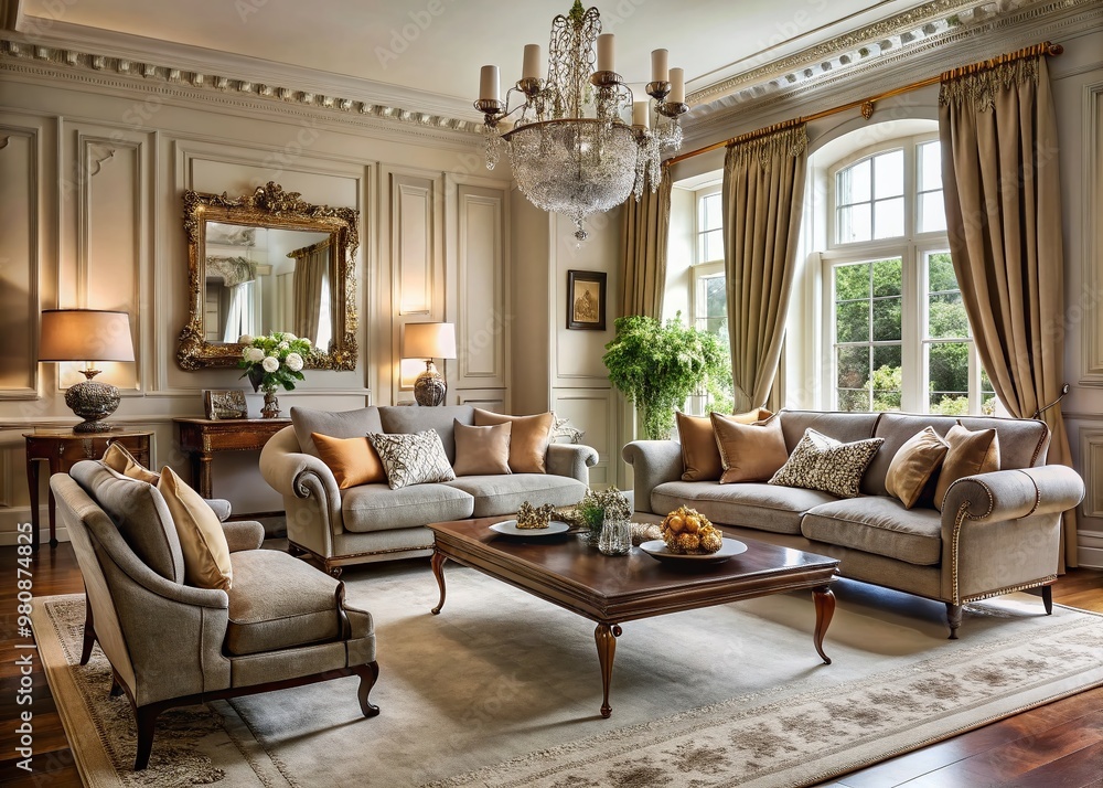 Fototapeta premium Elegant living room with plush furnishings, neutral tones, and ornate accents, showcasing a quintessential British