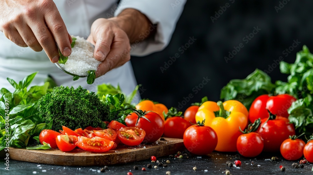A chef preparing fresh ingredients with vibrant vegetables and herbs on wooden cutting board. A chef preparing fresh ingredients with vibrant vegetables and herbs on wooden cutting board.