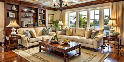 Elegant living room with plush cream-colored sofa, rich wood accents, and subtle nautical touches, evoking a classic,