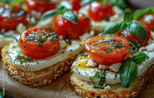 Wallpaper Mural Close-up of fresh bruschetta with cherry tomatoes, mozzarella, basil, and olive oil on multigrain bread, highlighting the vibrant colors and flavors of Mediterranean cuisine Torontodigital.ca