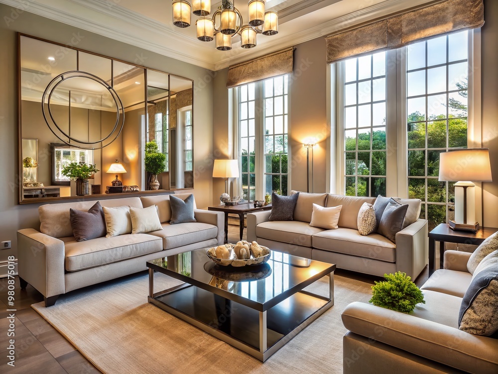Elegant living room with strategically placed mirrors creating illusion of larger space, adding depth, and reflecting Elegant living room with strategically placed mirrors creating illusion of larger space, adding depth, and reflecting