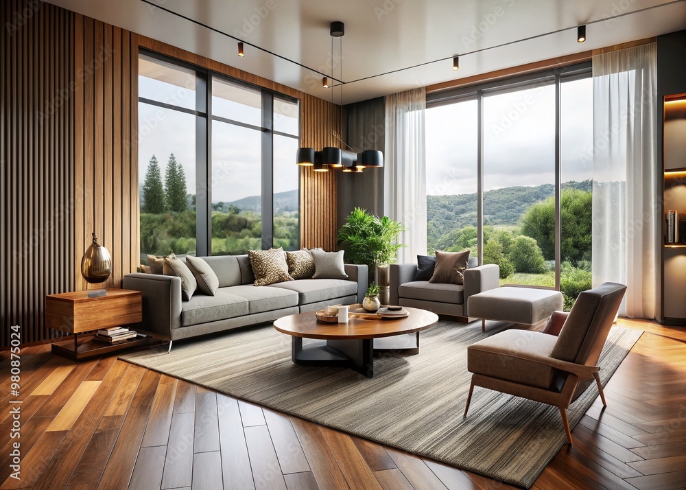 Elegant living room with sleek wooden floors, modern furniture, and floor-to-ceiling windows, showcasing a Elegant living room with sleek wooden floors, modern furniture, and floor-to-ceiling windows, showcasing a