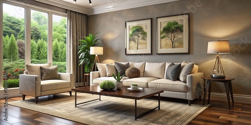 Elegant living room with taupe walls, cream sofa, dark wood coffee table, and stylish floor lamp, surrounded by