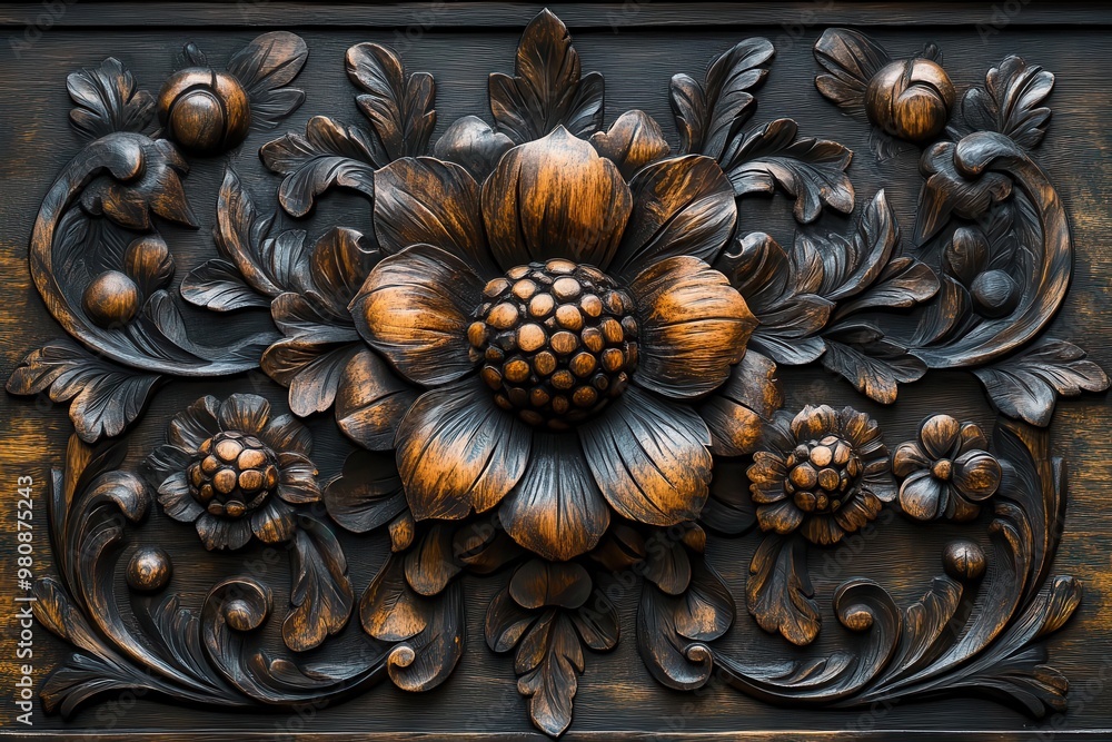 intricately carved dark teak wood panel with deep shadowy details rich grain patterns ornate designs and subtle variations in tone create a luxurious exotic ambiance intricately carved dark teak wood panel with deep shadowy details rich grain patterns ornate designs and subtle variations in tone create a luxurious exotic ambiance