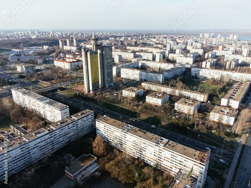 Drone view of the Belgrade Western Gate Genex tower, New Belgrade district, Serbia. Europe