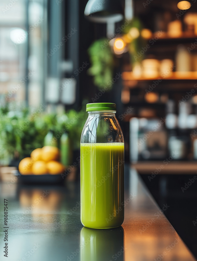 A green juice bottle on a wooden counter in a cozy kitchen. A green juice bottle on a wooden counter in a cozy kitchen.