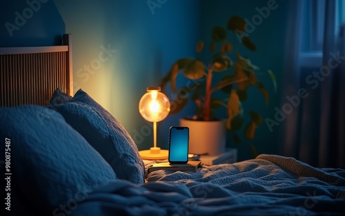 A serene bedroom scene with a phone turned off on the bedside table, while the person enjoys a peaceful night of sleep, promoting rest over screen time. photo