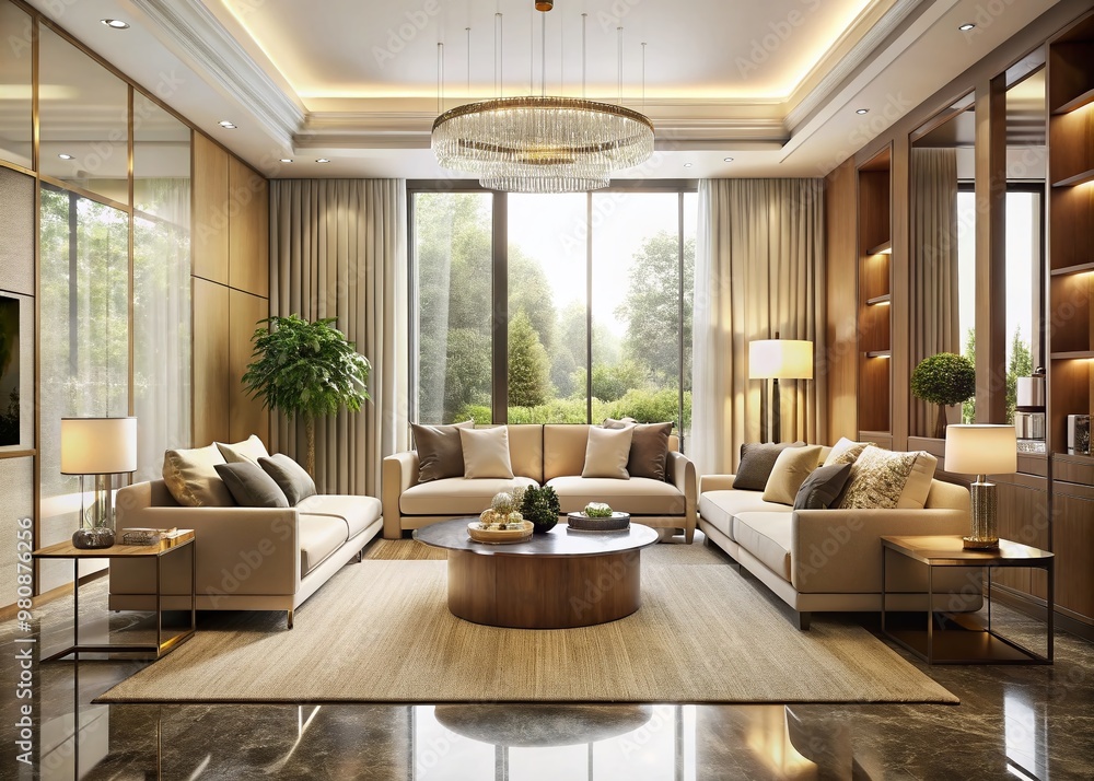 Elegant modern living room with cream-colored walls, sleek furniture, and floor-to-ceiling windows, showcasing Elegant modern living room with cream-colored walls, sleek furniture, and floor-to-ceiling windows, showcasing