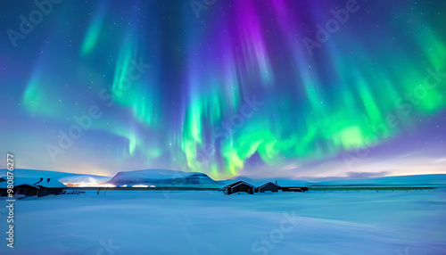 Aurora Borealis glows over snow-covered night, natural beauty poetic and picturesque photo