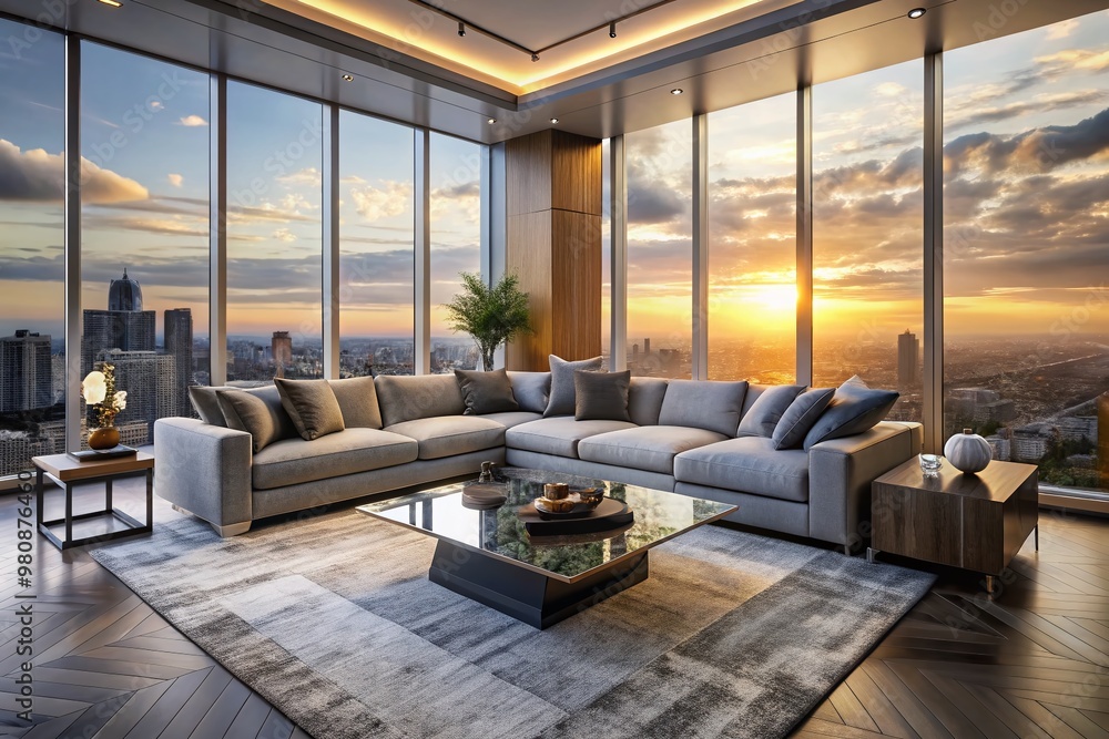Fototapeta premium Elegant modern living room with sleek gray sectional sofa, marble coffee table, and floor-to-ceiling windows showcasing