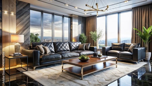 Elegant modern living room with sleek black leather sofa, marble coffee table, and floor-to-ceiling windows, exuding