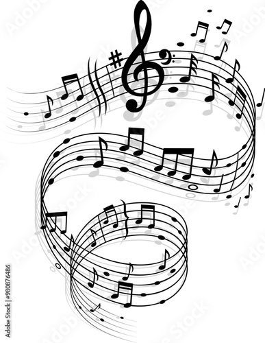 Song wave with music notes, sound swirl with treble clef and signs on curvy stave. Isolated vector monochrome melody flow. Performance and concert black and white swirling tune, wavy curl