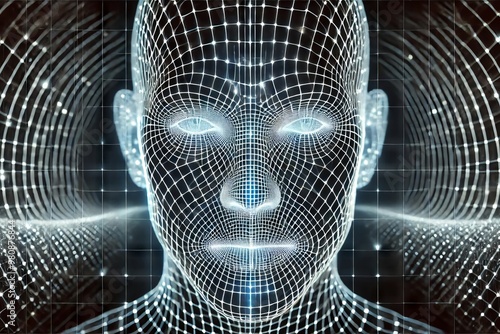 A futuristic wireframe model of a human face viewed head-on. The intricate digital grid lines and geometric patterns highlight a cybernetic aesthetic, evoking themes of AI and virtual reality