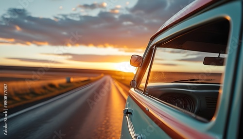 Sunset Reflections in Retro Van Mirror Showcasing the Spirit of Adventure on the Open Road