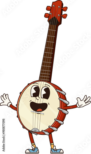 Cartoon banjo groovy musical instrument character. Isolated vector plucked fantasy personage with long vulture and strings playing folk, country, ethnic music. American vintage smiling instrument