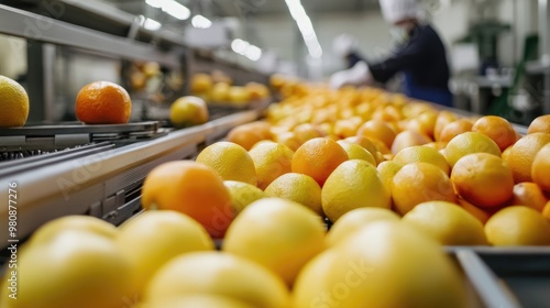 A high-tech fruit selection process in a factory, overseen by food technologists ensuring quality and automated efficiency. photo