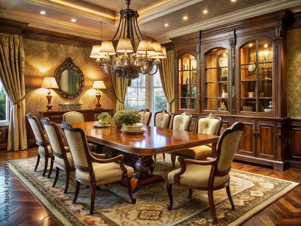 Elegant traditional dining room featuring a large wooden table, luxurious upholstered chairs, and ornate cabinet, Elegant traditional dining room featuring a large wooden table, luxurious upholstered chairs, and ornate cabinet,